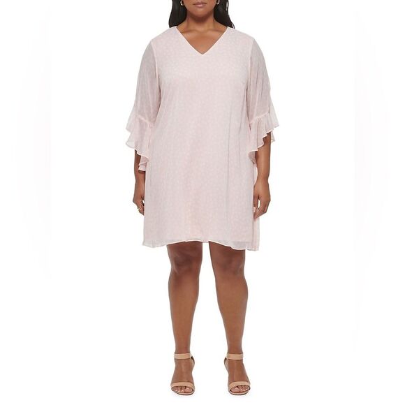 Calvin Klein Pink Trapeze Dress Dotted Chiffon 3/4 Sleeve A-Line Sz 22W NWT - Picture 1 of 11